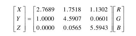 X、Y、Z和RGB系數(shù)之間關(guān)系式